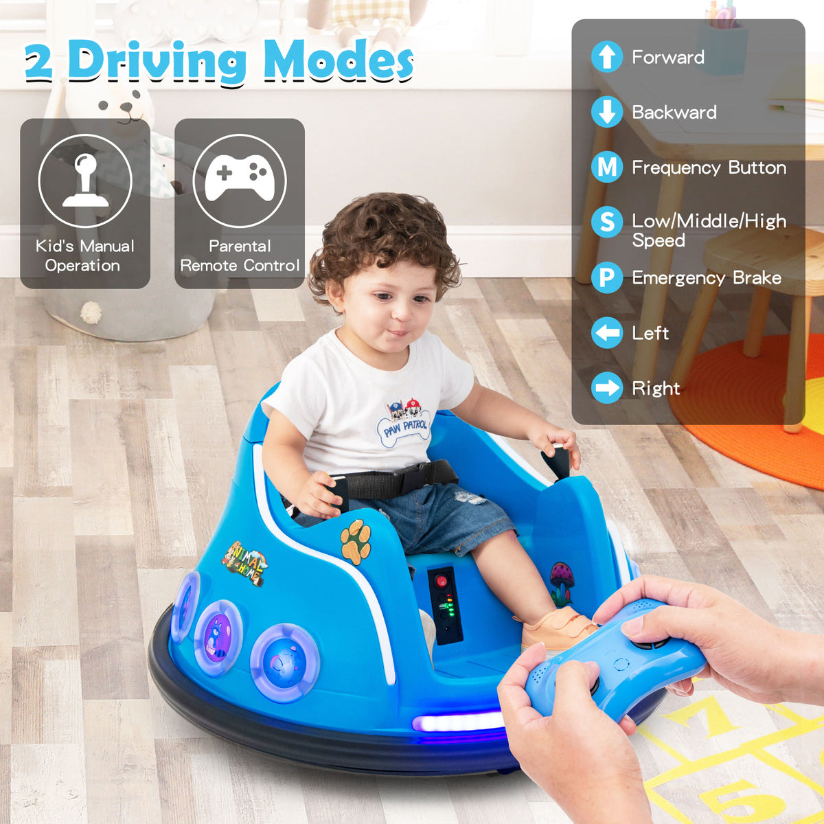 A boy holding a remote control for the kids electric bumper car
