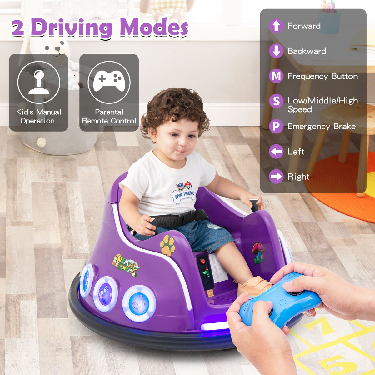 A young boy holding a remote control and sitting in a purple kids electric car, with driving mode instructions