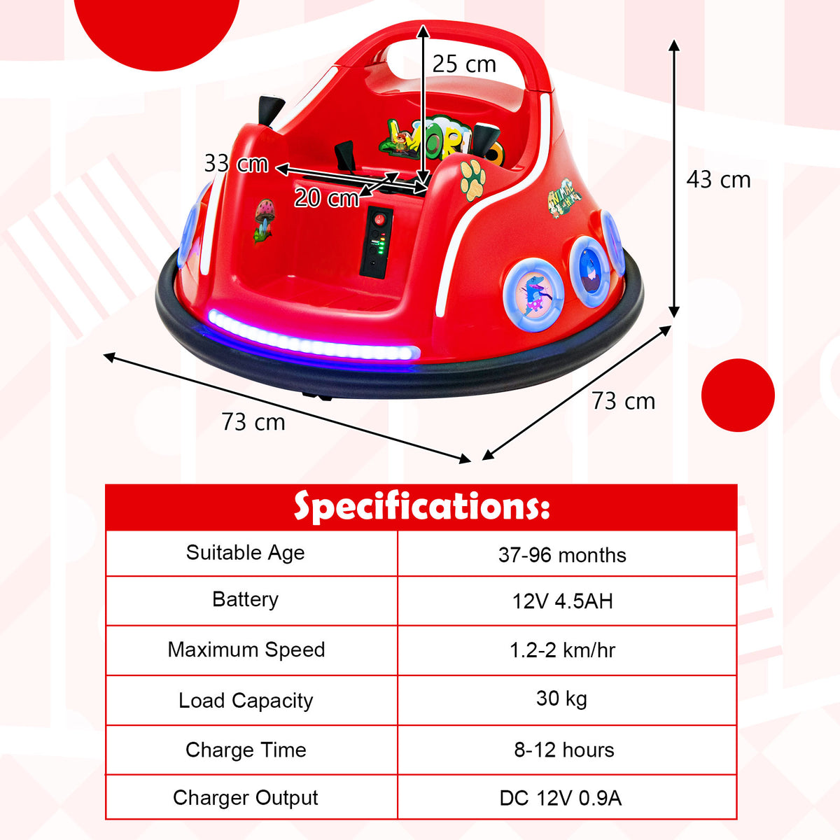 Red kids electric car with dimensions and specifications including battery and load capacity