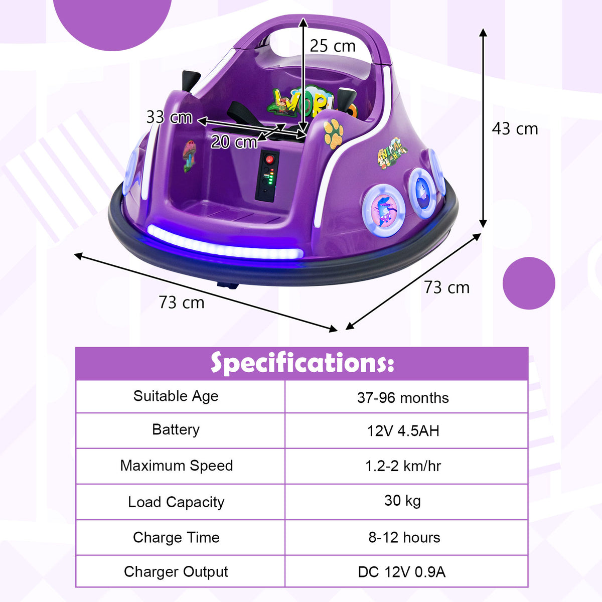 Specifications for the purple kids electric car, including dimensions and battery life
