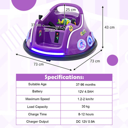 Specifications for the purple kids electric car, including dimensions and battery life