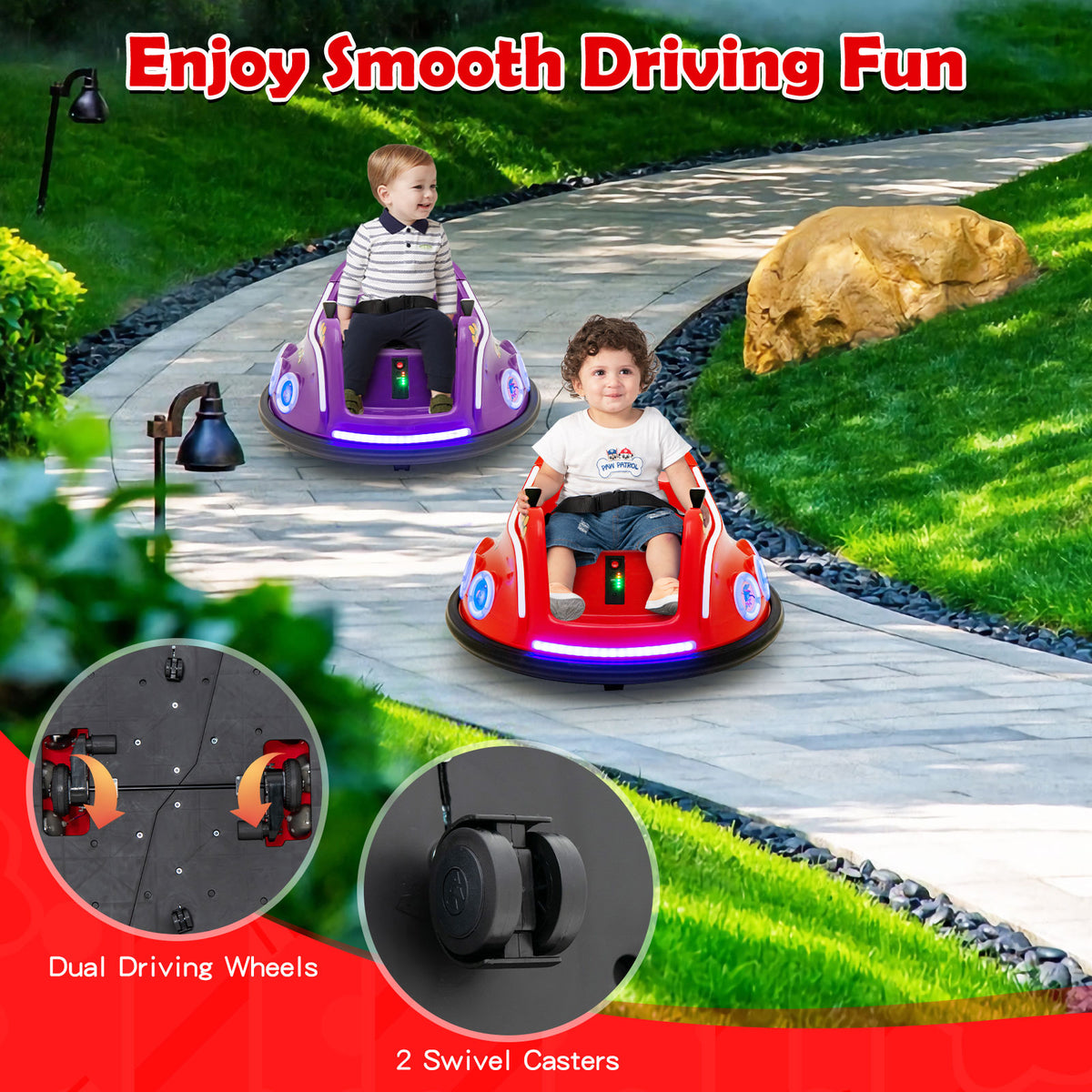 Two kids electric cars with dual driving wheels and swivel casters on a path