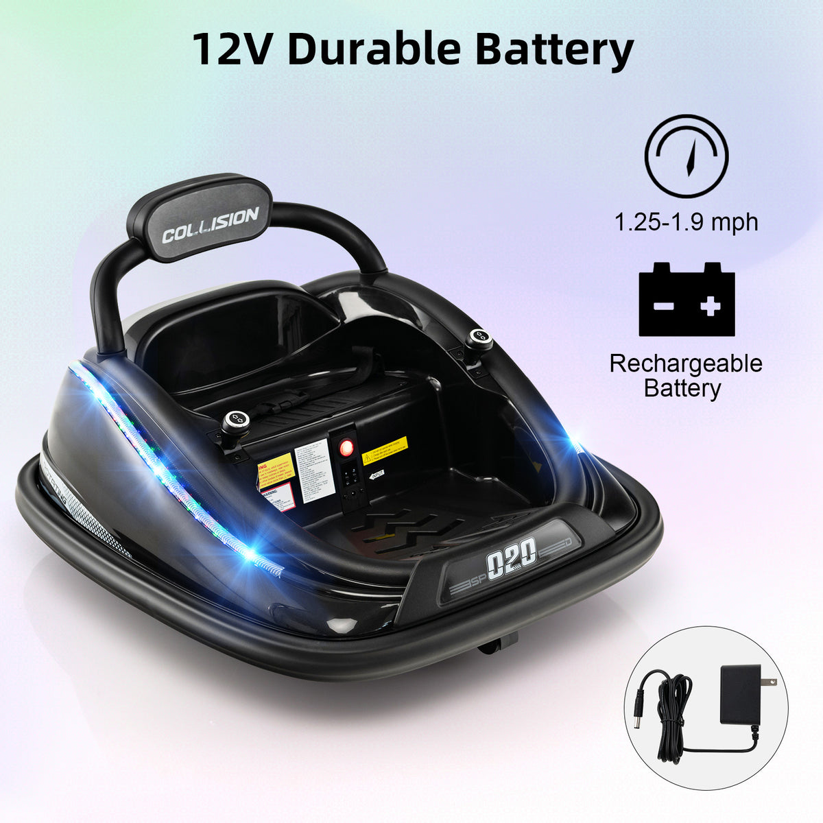 The black electric bumper car with a rechargeable battery and charger shown