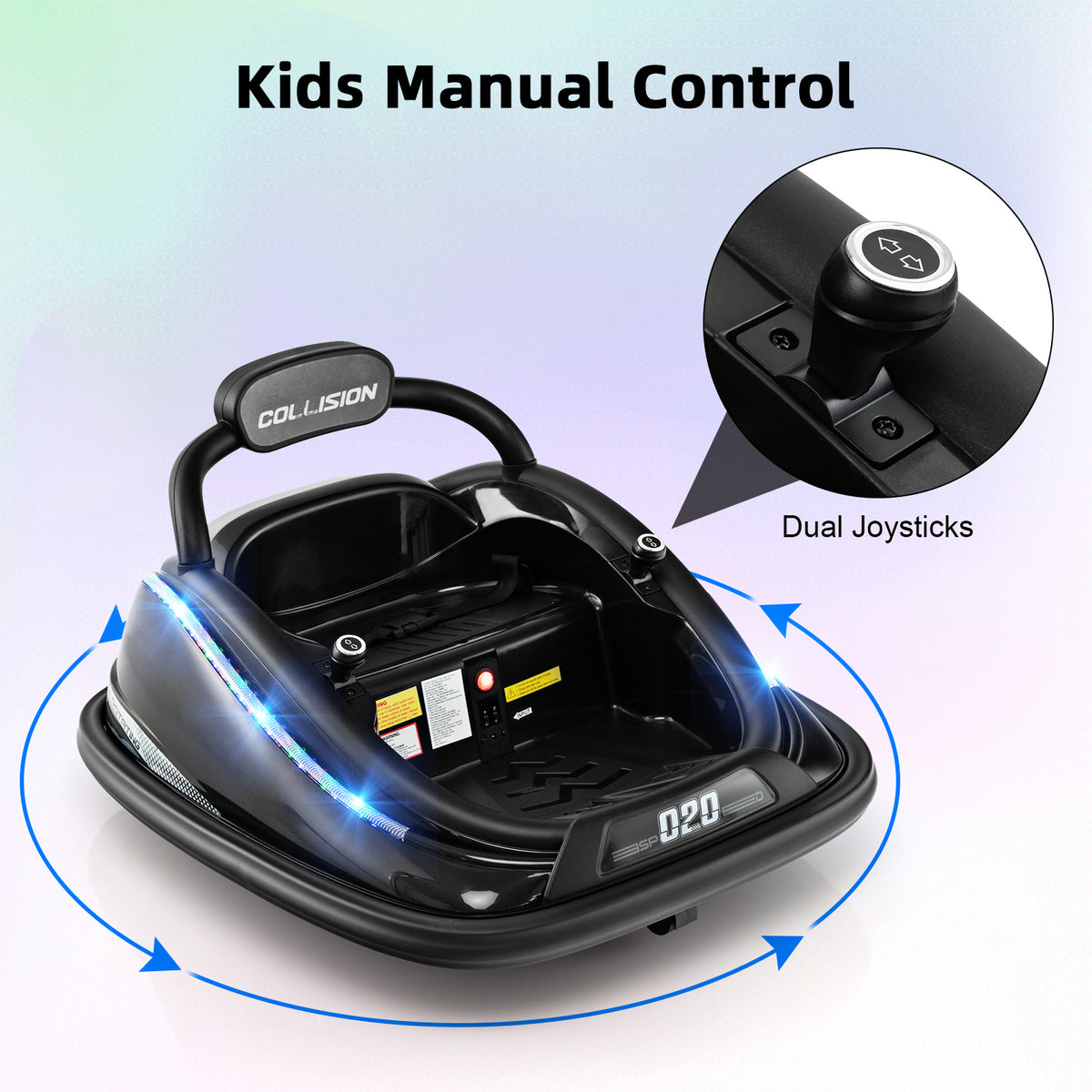 Close-up of the dual joysticks for manual control of the black electric bumper car