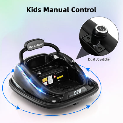 Close-up of the dual joysticks for manual control of the black electric bumper car