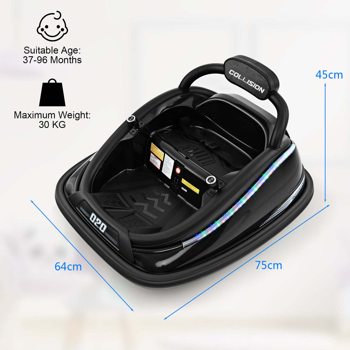 The black electric bumper car with dimensions and suitability information