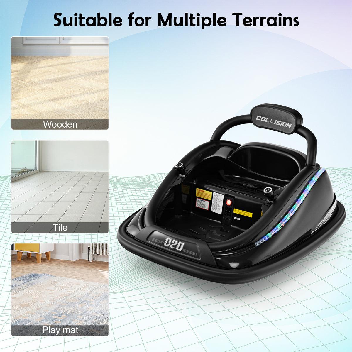 Black electric bumper car shown on wooden floor, tile and play mat