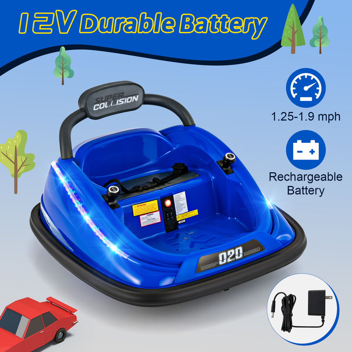 The kids electric car shown with icons for battery and speed alongside a charging cable