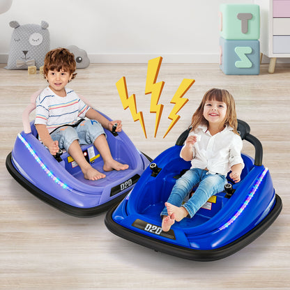 Two children sitting in blue kids electric cars on a wooden floor in a bright playroom