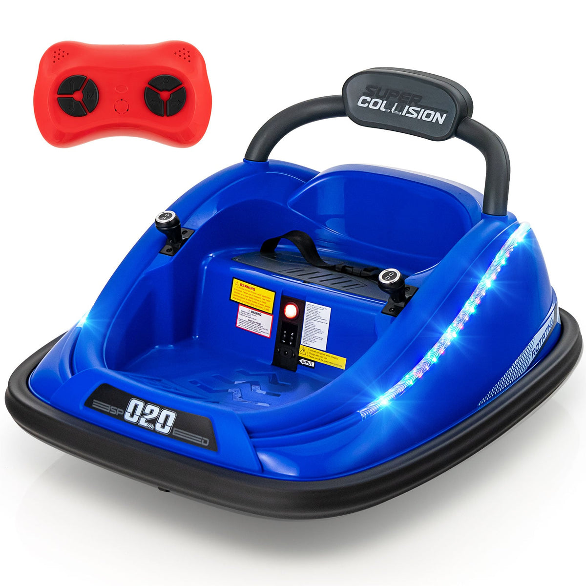 Electric Bumper Car with Remote Control for Kids-Blue shown with its red handheld remote controller