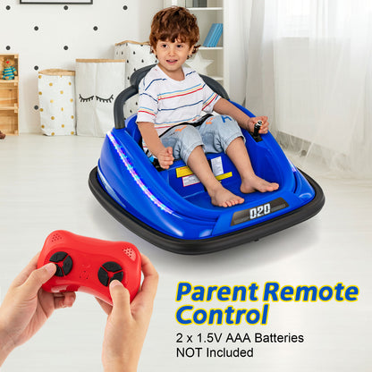The kids electric car with a child sitting inside while hands hold the remote control