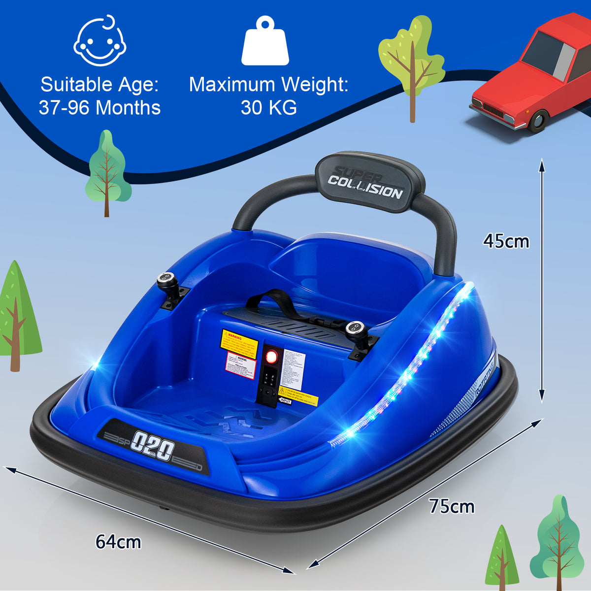 The kids electric car shown with dimension lines indicating its height, width and length
