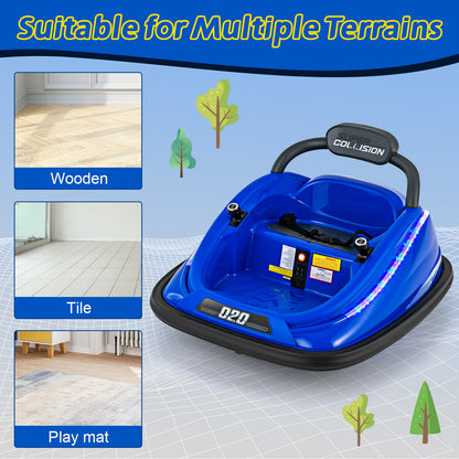 The blue kids electric car positioned beside small squares showing wooden, tile and mat surfaces