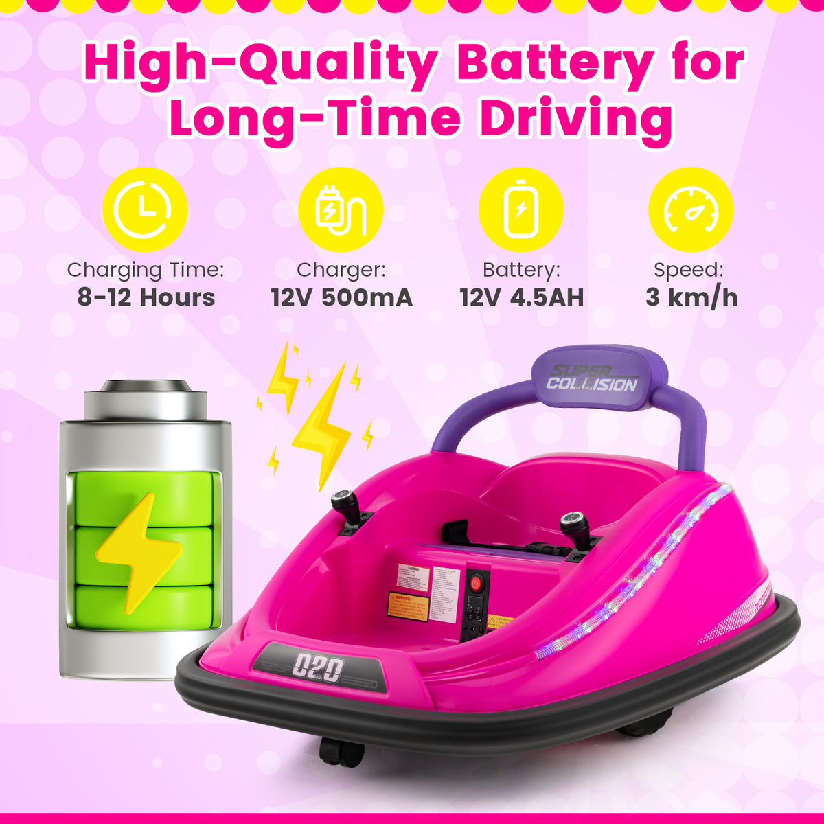 The pink kids electric car with a battery icon indicating long driving time and charging information