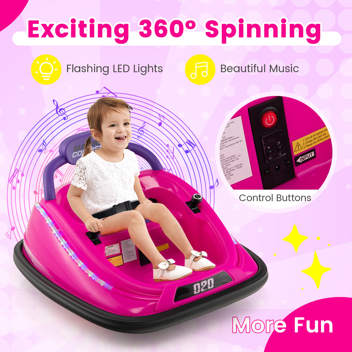 A happy child enjoys riding the pink kids electric car with flashing LED lights and music