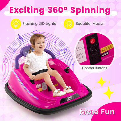 A happy child enjoys riding the pink kids electric car with flashing LED lights and music