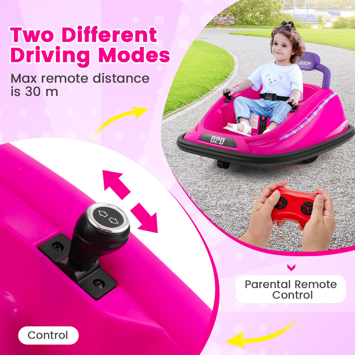 Close up of the control stick and remote for the pink kids electric car, showing parental remote control