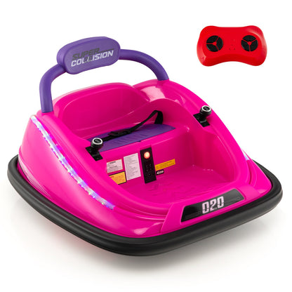 Electric Bumper Car with Remote Control for Kids-Pink, a pink ride-on toy with purple handles and flashing LED lights