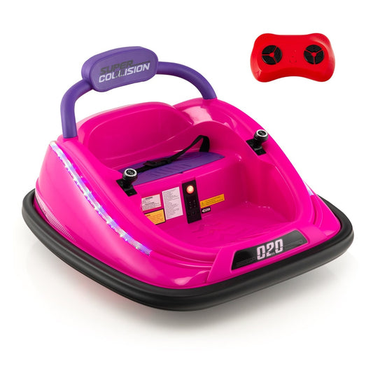 Electric Bumper Car with Remote Control for Kids-Pink, a pink ride-on toy with purple handles and flashing LED lights