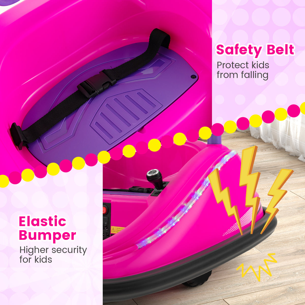Close up of the safety belt and elastic bumper on the pink kids electric car