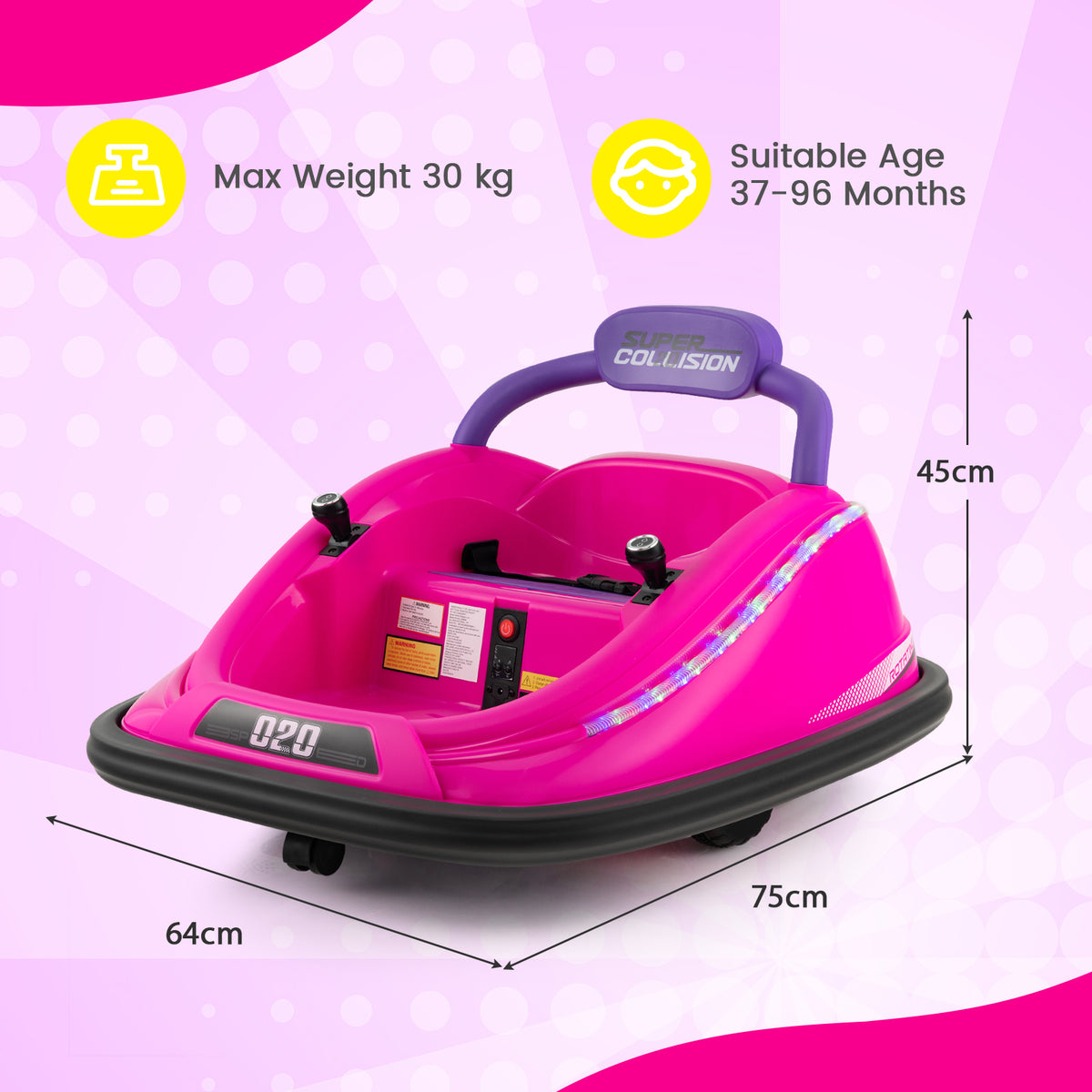 Pink electric bumper car with dimensions and age suitability information