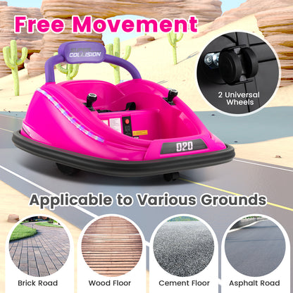 The pink kids electric car is shown on different surfaces like brick, wood, cement and asphalt roads