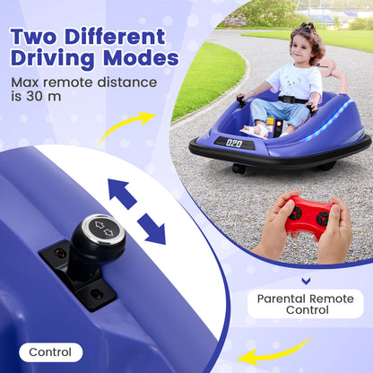 A child is driving the kids electric car with parental remote control