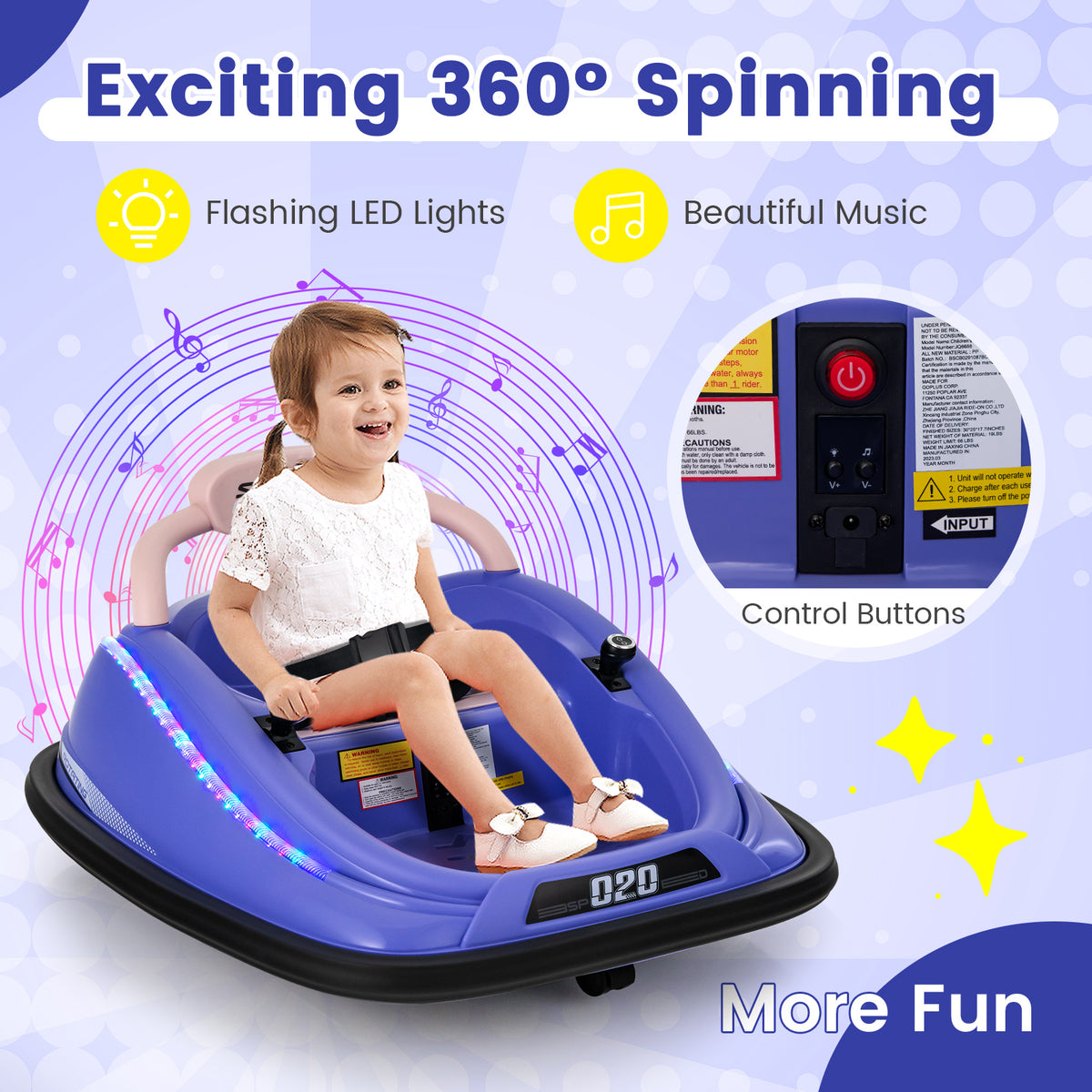Child enjoying the purple kids electric bumper car with flashing lights and music