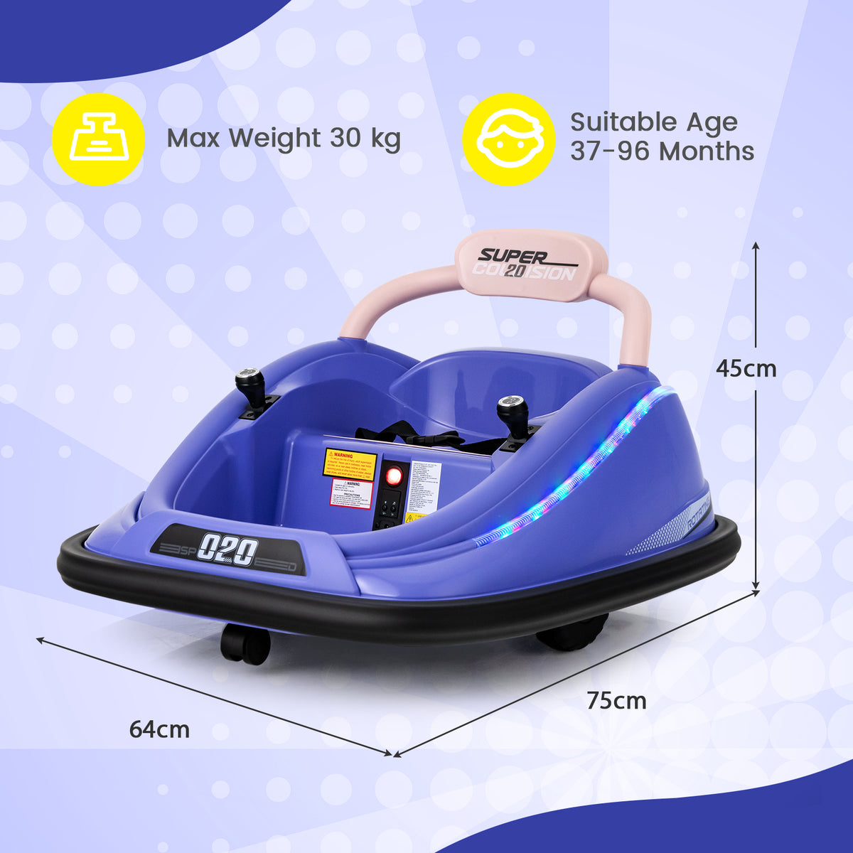 Purple kids electric bumper car with dimensions and maximum weight indicated