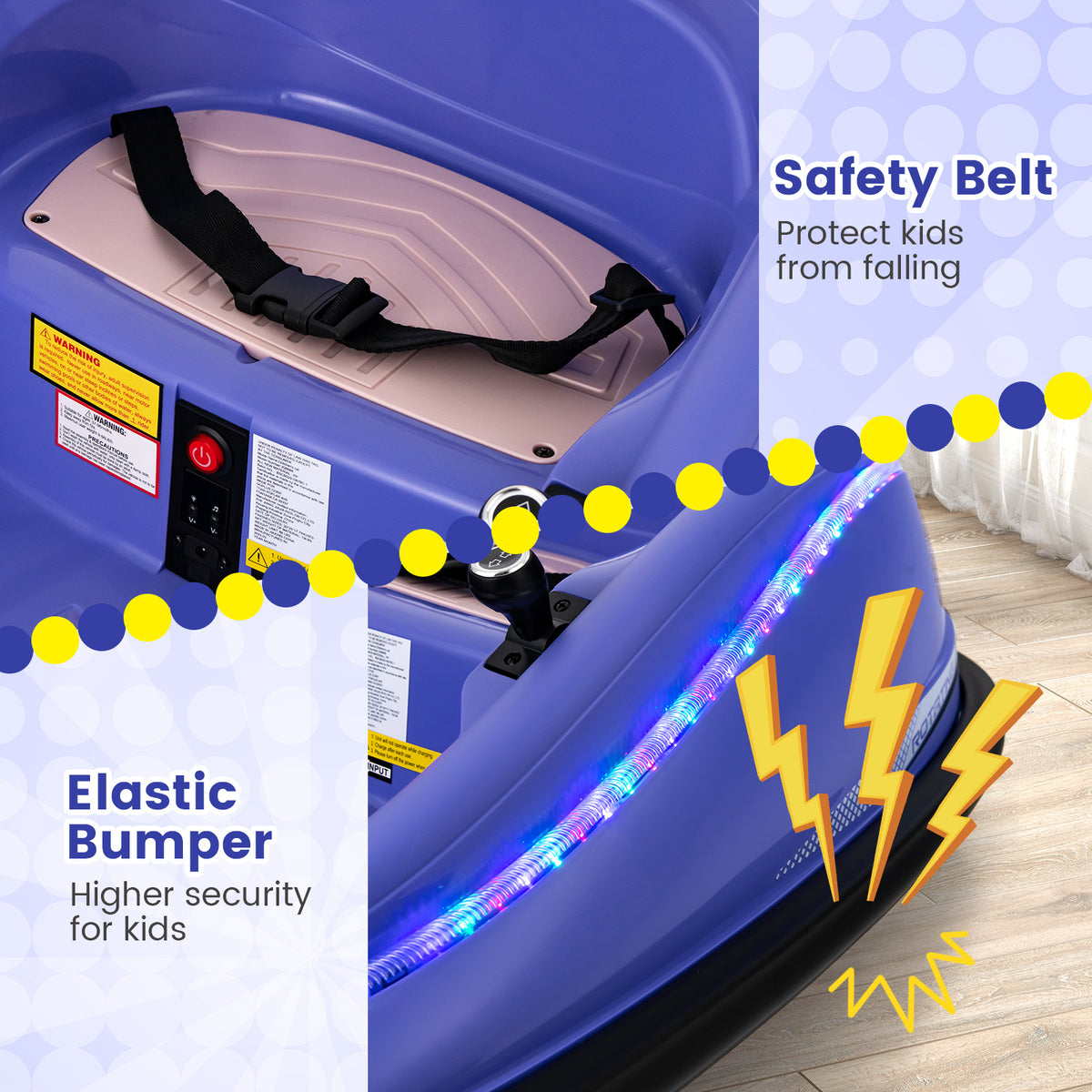 The kids electric car has a safety belt and elastic bumper for security