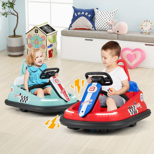 Two children enjoying the kids electric bumper cars, one in navy and one in red