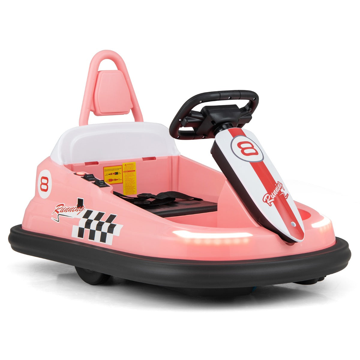 Electric kids Ride-on Bumper Car in pink with a black steering wheel and seat belt
