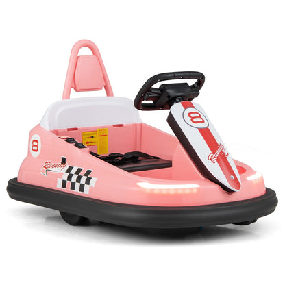 Electric kids Ride-on Bumper Car in pink with a black steering wheel and seat belt