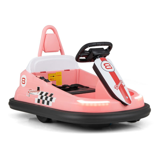 Electric kids Ride-on Bumper Car in pink with a black steering wheel and seat belt