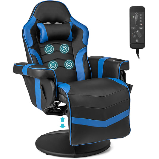 Electric Massage Gaming Chair in blue and black with a remote control and massage point indicators