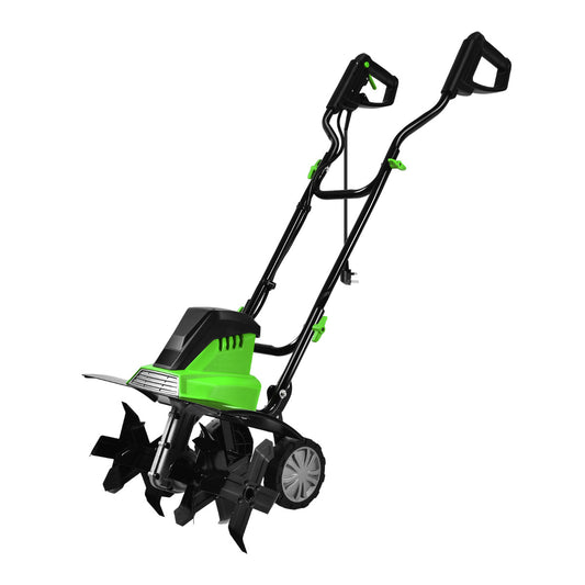 Electric Tiller and Cultivator with a green motor housing and black metal handle frame