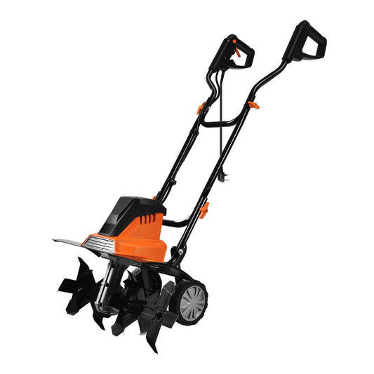 Electric Tiller and Cultivator in orange and black with a long handle and wheels
