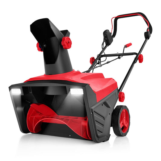 Electric Walk-behind Snow Blower with bright LED lights and a red and black frame on a white background