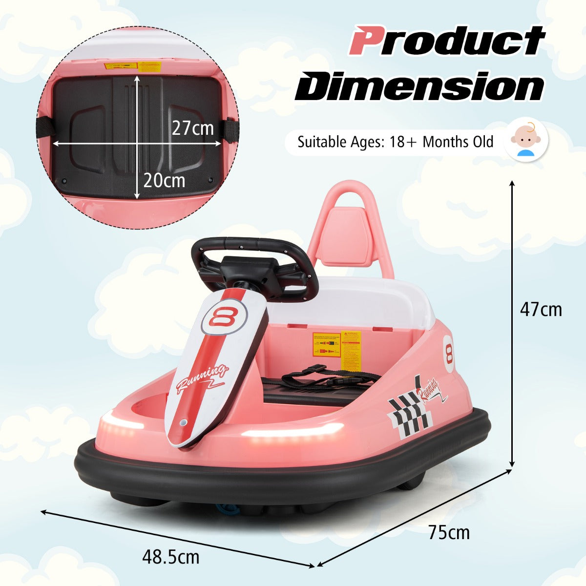 The kids electric car shown with dimension arrows and labels