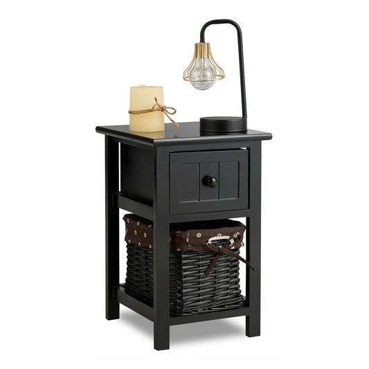 Elegant 2-Layer Wood Bedside End Table Nightstand with a drawer and a basket shelf