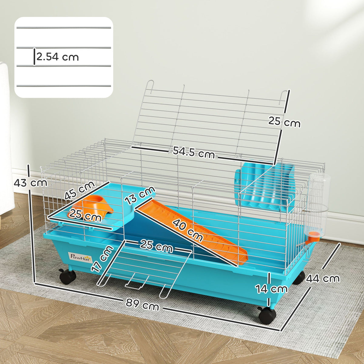 PawHut Small Animal Cage Rabbit Guinea Pigs Chinchillas Cage with Wheels Water Bottle