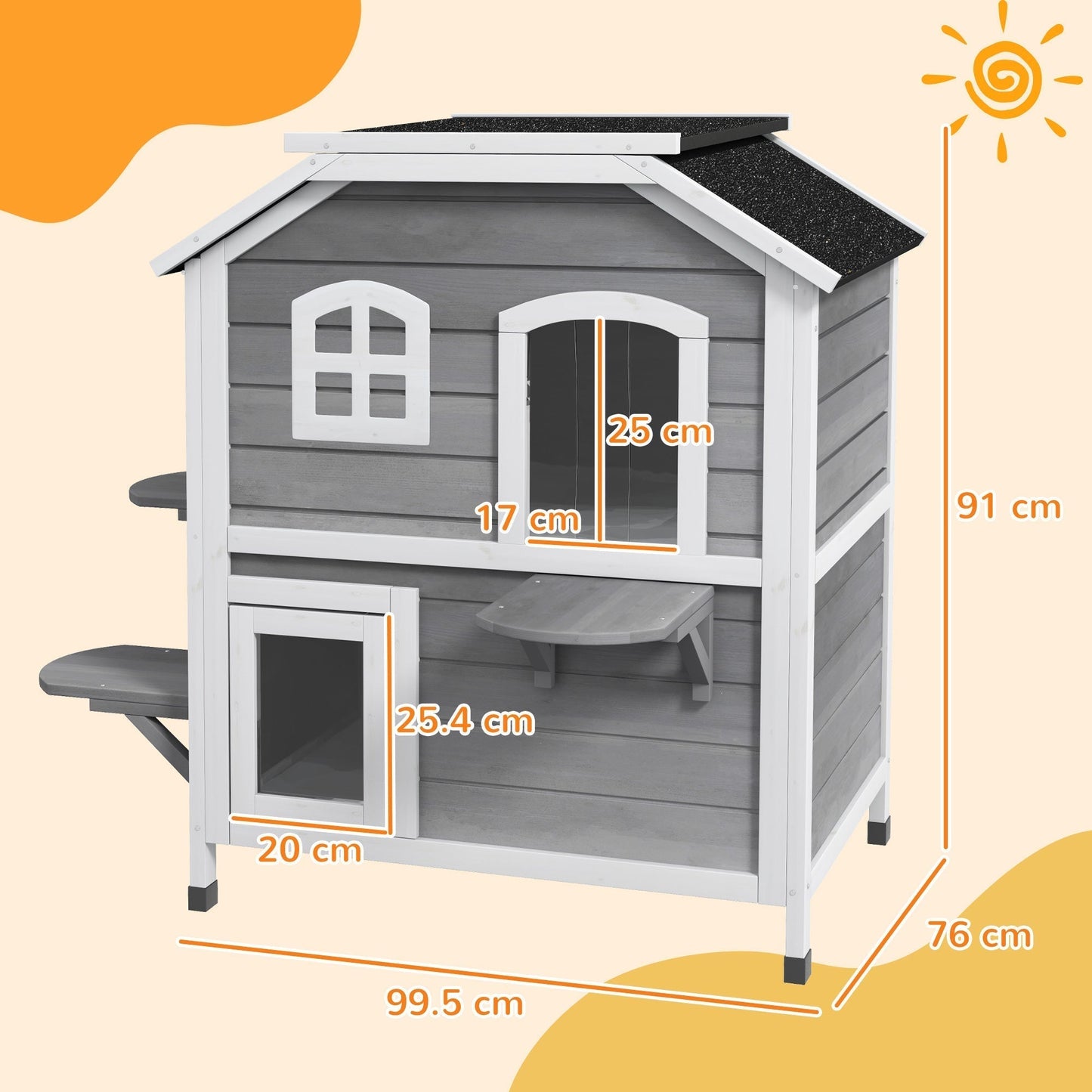 PawHut 2-story Cat House Outdoor, Weatherproof Wooden Cat Enclosure for Feral Cats with Escape Door, Openable Roof, Jumping Platforms, Grey