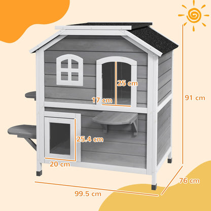 PawHut 2-story Cat House Outdoor, Weatherproof Wooden Cat Enclosure for Feral Cats with Escape Door, Openable Roof, Jumping Platforms, Grey