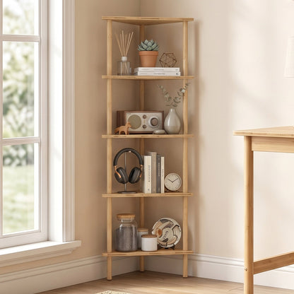 HOMCOM Bamboo Storage Shelf, 5-tier Corner Shelf, Freestanding Shelving Unit for Living Room, Home Office, Natural Wood Finish