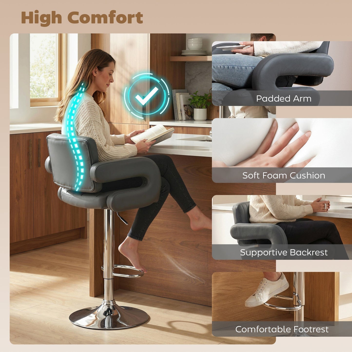 HOMCOM Bar Stools Adjustable Swivel Kitchen Chairs with Backrest Armrest Set of 2 PU Leather Grey