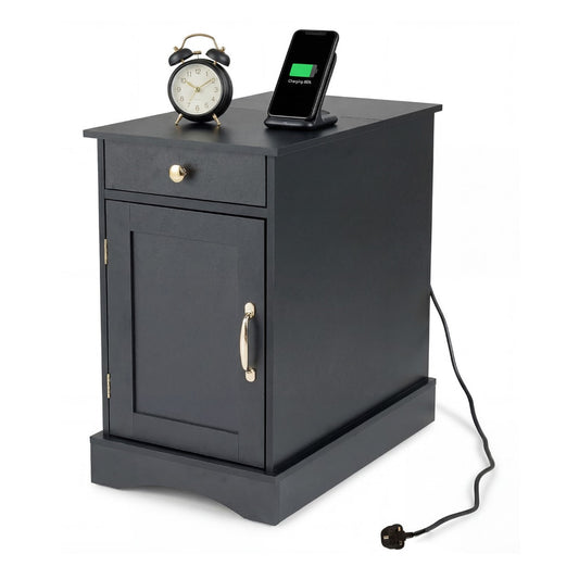 End Table with a charging station, a drawer, a cupboard and a power cable on a white background