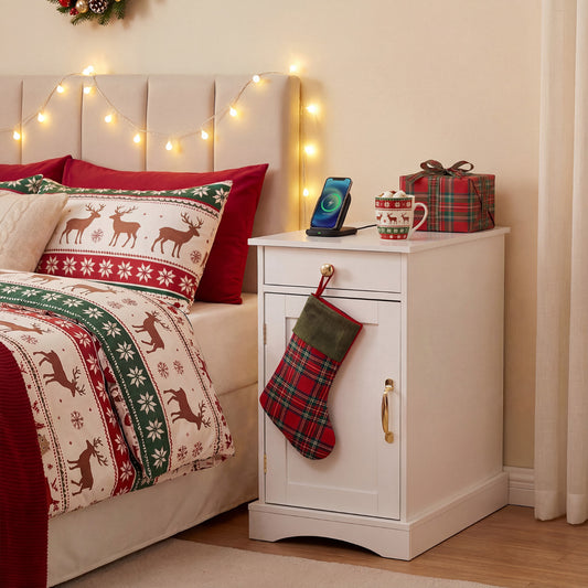 The narrow nightstand in a bedroom setting with Christmas decorations and a charging phone