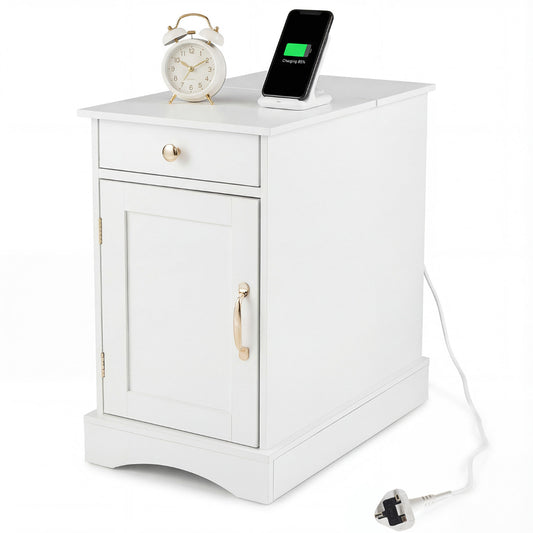 End Table Narrow Nightstand Bedside Table with Charging Station-White, showing the front with a drawer and a cupboard