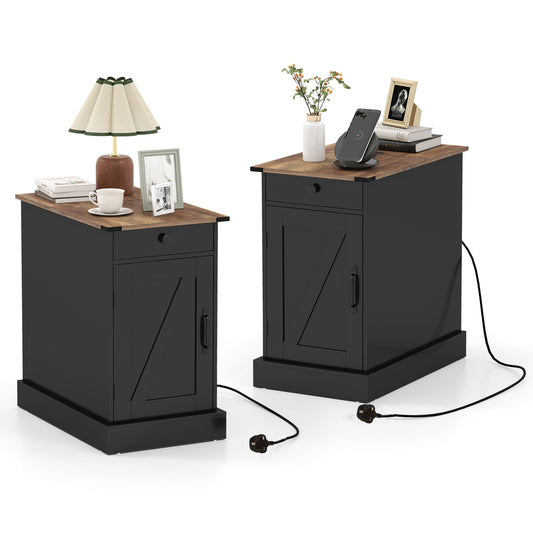 End Table Set of 2 with black frames and wooden tops holding lamps and decor items