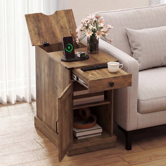 The rustic brown nightstand with its drawer pulled out and door open, showing storage space and charging station